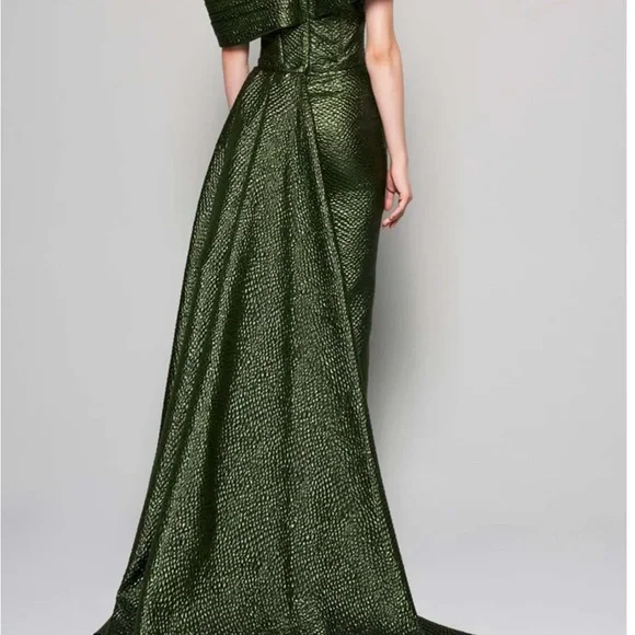 MNM Couture - N0356 Asymmetric Off-Shoulder Drape Train Evening Gown
